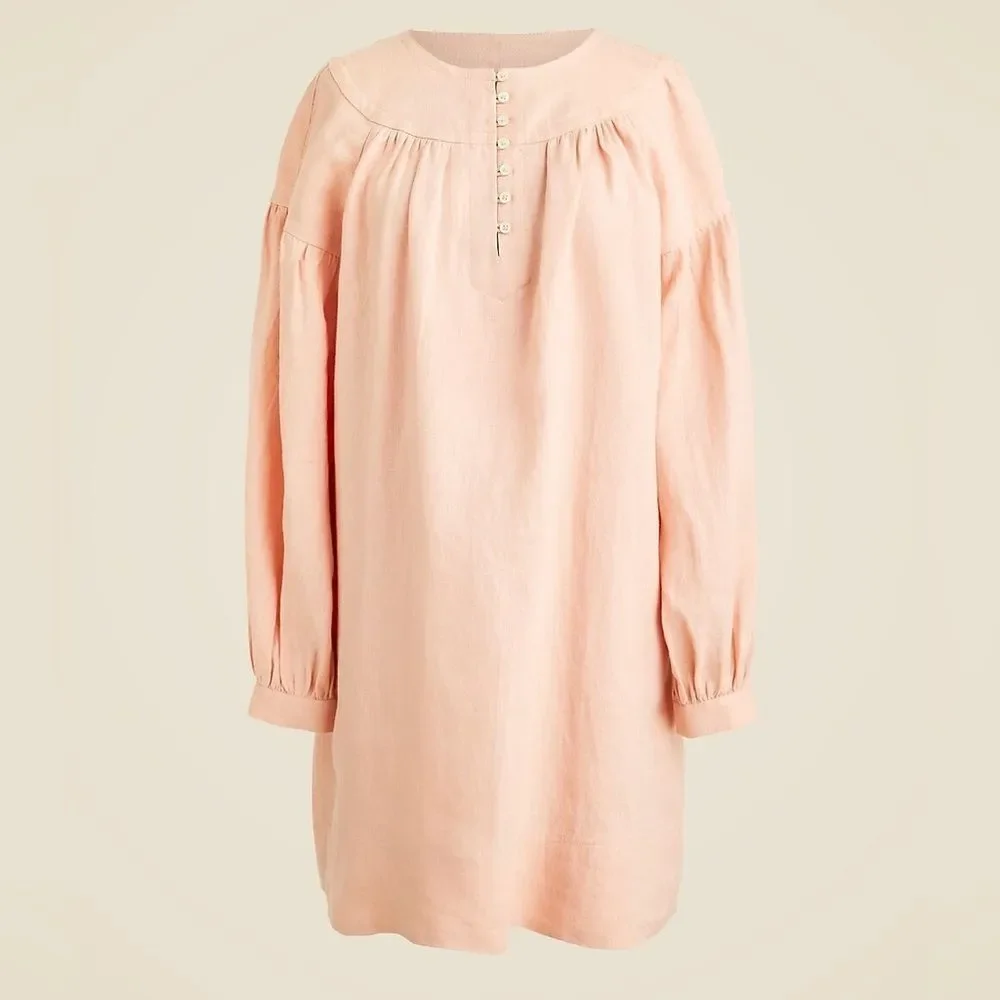 NWT J. Crew Gathered popover dress in linen in Peach Clay size Large